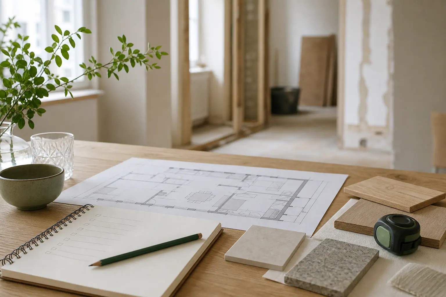 Ritning, materialprover och checklista inför en renovering