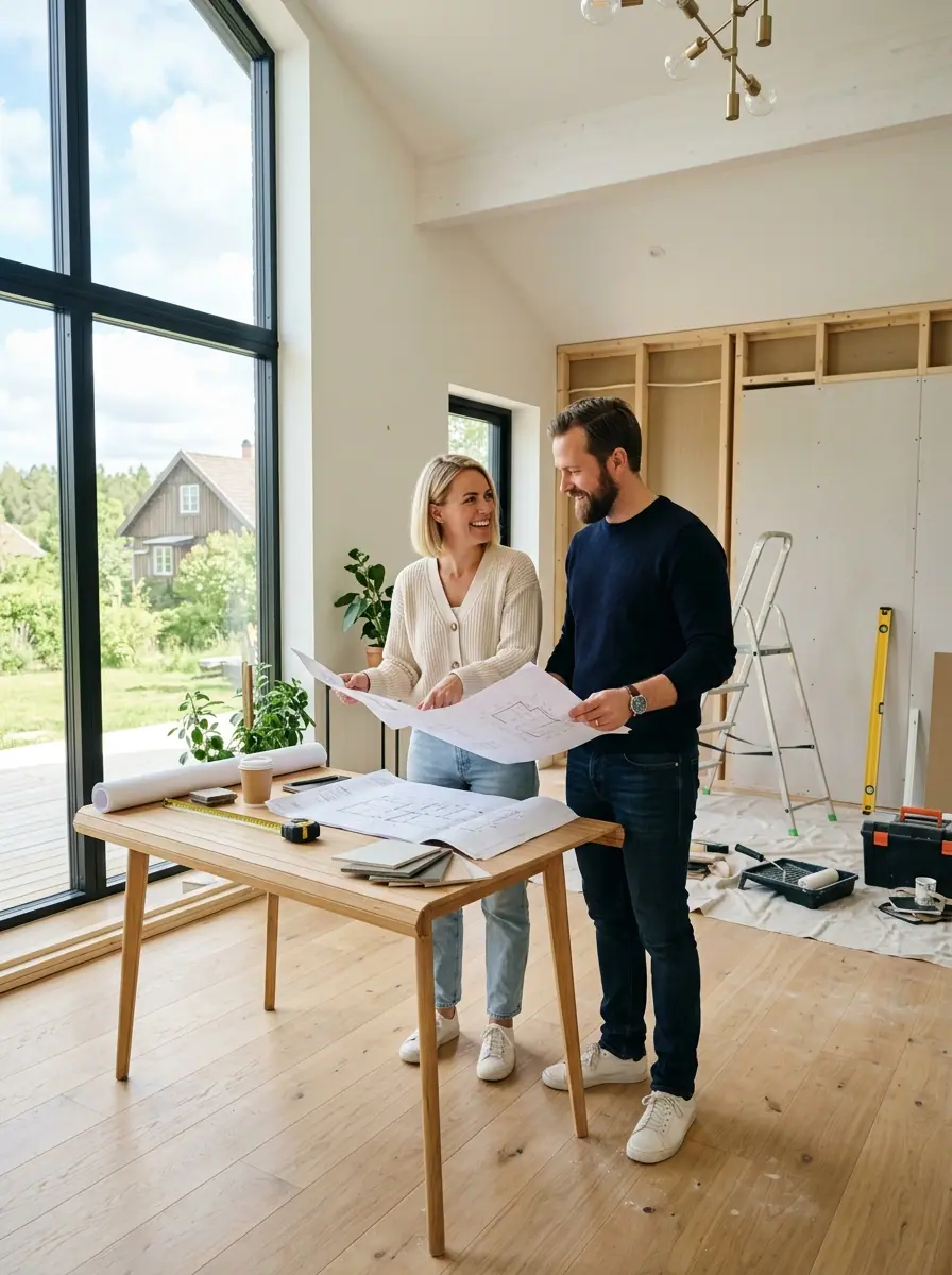 Ett par som planerar sin renovering i ett ljust hem